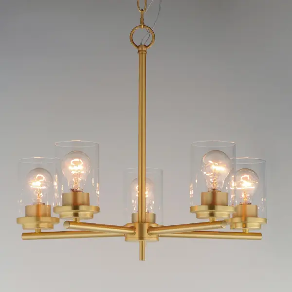 Minimalistic frames in a variety of brilliant finishes with your choice of either frosted or clear glass shades. While its sleek simplicity are modern in design, the Corona perfectly shines in any indoor application or style. Collection: Corona Finish: Satin Brass Glass: Clear Width: 22.00" Height: 21.00" Length: 22.00" Weight: 8.76 lb Chain: 36" Wire: 120" Canopy: 5.25"x5.25"x0.75" Number of Bulbs: 5 Maximum Wattage: 60.00 W Bulb Type: A19 Bulb Base: E26 Medium Light Source: Incandescent Dimmable Voltage: 120.00 V Material: Steel + Glass Safety Listing: cETLus Safety Rating: Dry Manufacturer Warranty: 5 Spec Sheet Instructions - alternate view