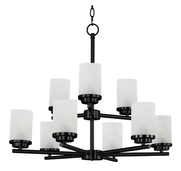 Minimalistic frames in a variety of brilliant finishes with your choice of either frosted or clear glass shades. While its sleek simplicity are modern in design, the Corona perfectly shines in any indoor application or style. Collection: Corona Finish: Black Glass: Frosted Width: 28.00" Height: 23.00" Length: 28.00" Weight: 13.27 lb Chain: 72" Wire: 180" Canopy: 5.12"x5.12"x0.79" Number of Bulbs: 9 Maximum Wattage: 60.00 W Bulb Type: A19 Bulb Base: E26 Medium Light Source: Incandescent Dimmable Voltage: 120.00 V Material: Steel, Glass Safety Listing: cULus Safety Rating: Dry Manufacturer Warranty: 1 Spec Sheet Instructions Parts Diagram