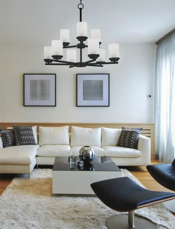 Minimalistic frames in a variety of brilliant finishes with your choice of either frosted or clear glass shades. While its sleek simplicity are modern in design, the Corona perfectly shines in any indoor application or style. Collection: Corona Finish: Black Glass: Frosted Width: 28.00" Height: 23.00" Length: 28.00" Weight: 13.27 lb Chain: 72" Wire: 180" Canopy: 5.12"x5.12"x0.79" Number of Bulbs: 9 Maximum Wattage: 60.00 W Bulb Type: A19 Bulb Base: E26 Medium Light Source: Incandescent Dimmable Voltage: 120.00 V Material: Steel, Glass Safety Listing: cULus Safety Rating: Dry Manufacturer Warranty: 1 Spec Sheet Instructions Parts Diagram - alternate view