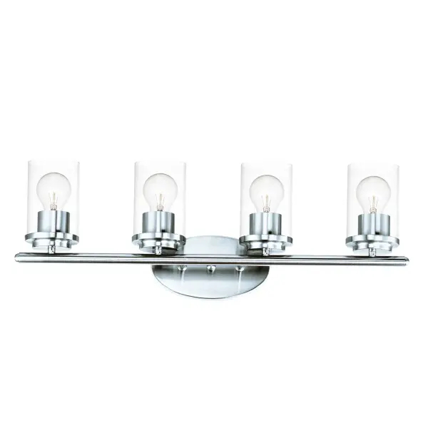 Minimalistic frames in a variety of brilliant finishes with your choice of either frosted or clear glass shades. While its sleek simplicity are modern in design, the Corona perfectly shines in any indoor application or style. Collection: Corona Finish: Polished Chrome Glass: Clear Width: 26.25" Height: 9.00" Weight: 3.61 lb Extension from Wall: 6.00" Wire: 8" Canopy: 4.5"x8.25" Number of Bulbs: 4 Maximum Wattage: 60.00 W Bulb Type: A19 Bulb Base: E26 Medium Light Source: Incandescent Dimmable Voltage: 120.00 V Material: Steel + Glass Safety Listing: cETLus Safety Rating: Damp Manufacturer Warranty: 5 Spec Sheet Instructions