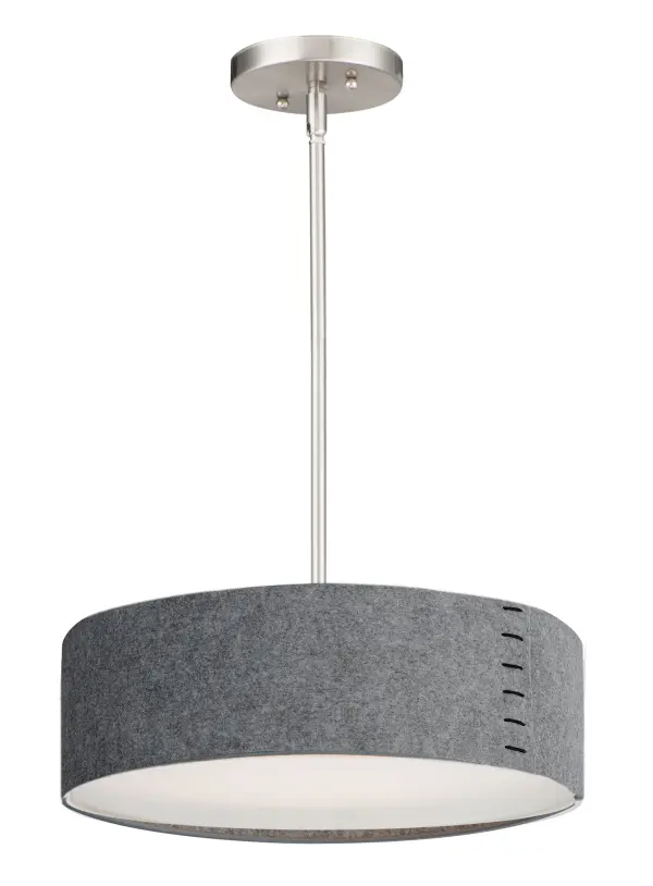 Drum shades in a variety of fabrics and materials are a core lighting offering. Flush mounts, pendants, and ADA sconces are available in options of linen, organza, grasscloth, and sound absorbing grey felt shades. An internal acrylic diffuser, illuminated by an evenly dispersed powerful LED light source, directs light downward and produces an ambient glow inside the outer shade. This lens features a crisp and tidy twist-lock mechanism that eliminates any visible hardware. whether it is put in a residential or commercial context, this collection meets the necessary application needs while adding style to the space. Collection: Prime Finish: Satin Nickel Width: 16.00" Height: 6.50" Length: 16.00" Weight: 6.86 lb Wire: 120" Canopy: 4.75"x4.75"x0.75" Bulbs Included Number of Bulbs: 3 Maximum Wattage: 6.50 W Bulb Type: LED Bulb Base: PCB Integrated Light Source: LED Light Output: 1365.00 lm Color Temperature: 3000 K CRI: 90 Rated Average Life: 35000 Voltage: 120.00 V Material: Steel, Acrylic, Fabric Safety Listing: cETLus Safety Rating: Dry LED Spec Sheet Instructions