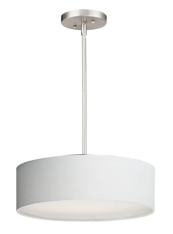 Drum shades in a variety of fabrics and materials are a core lighting offering. Flush mounts, pendants, and ADA sconces are available in options of linen, organza, grasscloth, and sound absorbing grey felt shades. An internal acrylic diffuser, illuminated by an evenly dispersed powerful LED light source, directs light downward and produces an ambient glow inside the outer shade. This lens features a crisp and tidy twist-lock mechanism that eliminates any visible hardware. whether it is put in a residential or commercial context, this collection meets the necessary application needs while adding style to the space. Collection: Prime Finish: Satin Nickel Width: 16.00" Height: 6.50" Length: 16.00" Weight: 6.86 lb Wire: 120" Canopy: 4.75"x4.75"x0.75" Bulbs Included Number of Bulbs: 3 Maximum Wattage: 6.50 W Bulb Type: PCB Bulb Base: PCB Integrated Light Source: LED Light Output: 1365.00 lm Color Temperature: 3000 K CRI: 90 Rated Average Life: 35000 Voltage: 120.00 V Material: Steel, Acrylic, Fabric Safety Listing: cETLus Safety Rating: Dry LED Manufacturer Warranty: 5 Spec Sheet Instructions Parts Diagram