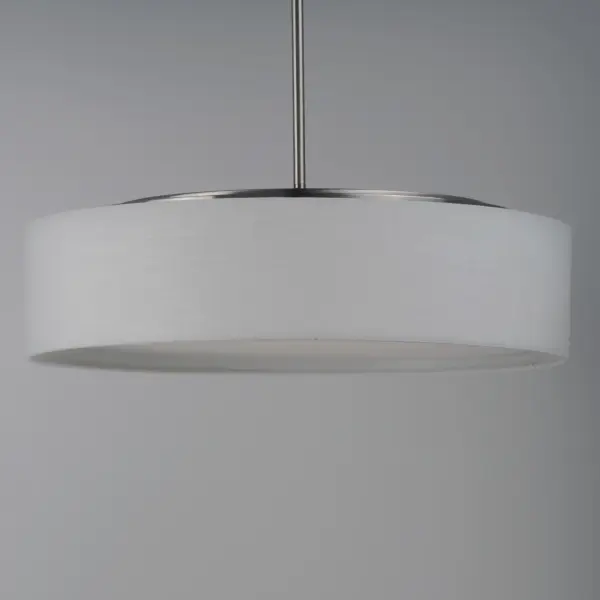 Drum shades in a variety of fabrics and materials are a core lighting offering. Flush mounts, pendants, and ADA sconces are available in options of linen, organza, grasscloth, and sound absorbing grey felt shades. An internal acrylic diffuser, illuminated by an evenly dispersed powerful LED light source, directs light downward and produces an ambient glow inside the outer shade. This lens features a crisp and tidy twist-lock mechanism that eliminates any visible hardware. whether it is put in a residential or commercial context, this collection meets the necessary application needs while adding style to the space. Collection: Prime Finish: Satin Nickel Width: 16.00" Height: 6.50" Length: 16.00" Weight: 6.86 lb Wire: 120" Canopy: 4.75"x4.75"x0.75" Bulbs Included Number of Bulbs: 3 Maximum Wattage: 6.50 W Bulb Type: PCB Bulb Base: PCB Integrated Light Source: LED Light Output: 1365.00 lm Color Temperature: 3000 K CRI: 90 Rated Average Life: 35000 Voltage: 120.00 V Material: Steel, Acrylic, Fabric Safety Listing: cETLus Safety Rating: Dry LED Manufacturer Warranty: 5 Spec Sheet Instructions Parts Diagram - alternate view