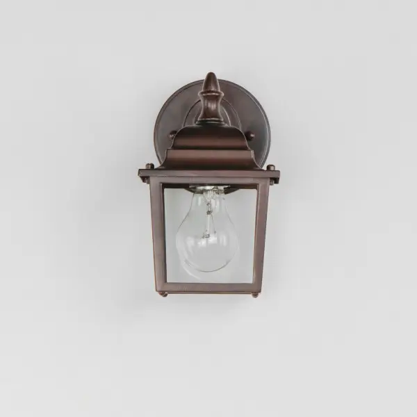 Maxim Lighting's commitment to both the residential lighting and the home building industries will assure you a product line focused on your basic lighting needs. With the Builder Cast collection you will find quality lighting that is well designed, well priced and readily available. Collection: Builder Cast Finish: Empire Bronze Glass: Clear Width: 5.50" Height: 8.50" Weight: 1.65 lb Extension from Wall: 6.50" Canopy: 4.5"x4.5" Number of Bulbs: 1 Maximum Wattage: 60.00 W Bulb Type: A19 Bulb Base: E26 Medium Light Source: Incandescent Light Output: 672.00 lm Dimmable Rated Average Life: 2500 Voltage: 120.00 V Material: Die Cast Aluminum Safety Listing: cETLus Safety Rating: Wet Manufacturer Warranty: 1 Spec Sheet Instructions Parts Diagram - alternate view