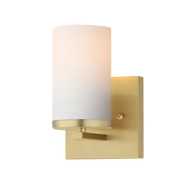 A clean design for the most common applications, the Lateral collection offers chandeliers in both traditional configurations and within a rectangular frame for above dining spaces. Finished in complementary colors including Satin Brass, Satin Nickel or Matte Black, this collection is economically priced with excellent construction. Great for remodeling, this collection's bath vanities feature an extended backplate for cleaner installations. Satin White cylindrical glass sits on a clean rectangular bar. This collection is sure to provide the transitional look to update your next project. Collection: Lateral Finish: Satin Brass Glass: Satin White Width: 5.00" Height: 7.75" Weight: 0.50 lb Extension from Wall: 5.25" Wire: 8" Canopy: 5"x5" Number of Bulbs: 1 Maximum Wattage: 60.00 W Bulb Type: E26 Bulb Base: E26 Medium Light Source: Incandescent Dimmable Voltage: 120.00 V Material: Steel + Glass Safety Listing: cETLus Safety Rating: Damp Manufacturer Warranty: 3 Spec Sheet Instructions
