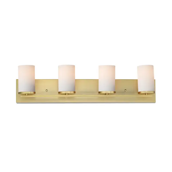 A clean design for the most common applications, the Lateral collection offers chandeliers in both traditional configurations and within a rectangular frame for above dining spaces. Finished in complementary colors including Satin Brass, Satin Nickel or Matte Black, this collection is economically priced with excellent construction. Great for remodeling, this collection's bath vanities feature an extended backplate for cleaner installations. Satin White cylindrical glass sits on a clean rectangular bar. This collection is sure to provide the transitional look to update your next project. Collection: Lateral Finish: Satin Brass Glass: Satin White Width: 30.00" Height: 7.75" Weight: 2.80 lb Extension from Wall: 5.25" Wire: 8" Canopy: 5"x30"x0.8" Number of Bulbs: 4 Maximum Wattage: 60.00 W Bulb Type: E26 Bulb Base: E26 Medium Light Source: Incandescent Dimmable Voltage: 120.00 V Material: Steel + Glass Safety Listing: cETLus Safety Rating: Damp Manufacturer Warranty: 3 Spec Sheet Instructions
