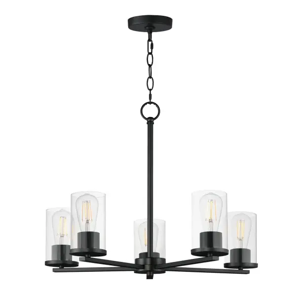 A clean design for the most common applications, the Lateral collection offers chandeliers in both traditional configurations and within a rectangular frame for above dining spaces. Finished in complementary colors including Satin Brass, Satin Nickel or Matte Black, this collection is economically priced with excellent construction. Great for remodeling, this collection's bath vanities feature an extended backplate for cleaner installations. Satin White cylindrical glass sits on a clean rectangular bar. This collection is sure to provide the transitional look to update your next project. Collection: Lateral Finish: Black Glass: Clear Width: 24.00" Height: 18.50" Length: 24.00" Weight: 5.94 lb Chain: 36" Wire: 120" Canopy: 4.75"x4.75"x0.75" Number of Bulbs: 5 Maximum Wattage: 60.00 W Bulb Base: E26 Medium Light Source: Incandescent Voltage: 120.00 V Material: Steel, Glass Safety Listing: cETLus Manufacturer Warranty: 5 Spec Sheet Instructions
