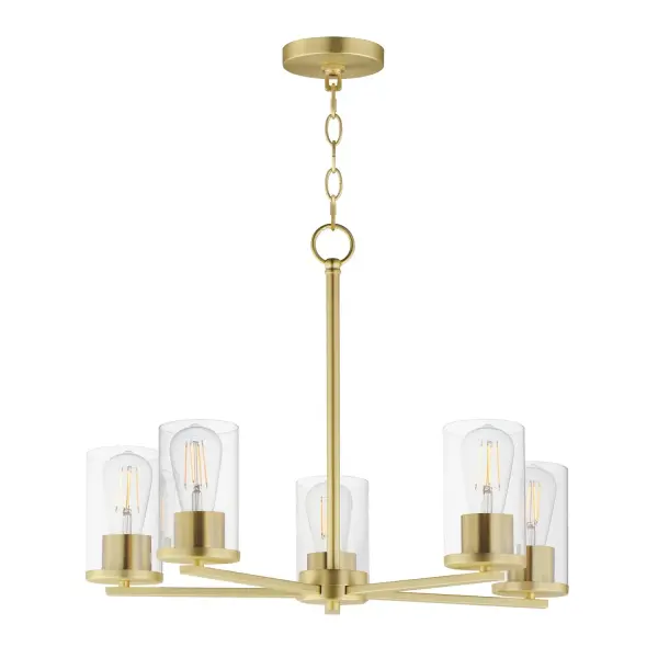 A clean design for the most common applications, the Lateral collection offers chandeliers in both traditional configurations and within a rectangular frame for above dining spaces. Finished in complementary colors including Satin Brass, Satin Nickel or Matte Black, this collection is economically priced with excellent construction. Great for remodeling, this collection's bath vanities feature an extended backplate for cleaner installations. Satin White cylindrical glass sits on a clean rectangular bar. This collection is sure to provide the transitional look to update your next project. Collection: Lateral Finish: Satin Brass Glass: Clear Width: 24.00" Height: 18.50" Length: 24.00" Weight: 5.94 lb Chain: 36" Wire: 120" Canopy: 4.75"x4.75"x0.75" Number of Bulbs: 5 Maximum Wattage: 60.00 W Bulb Base: E26 Medium Light Source: Incandescent Voltage: 120.00 V Material: Steel, Glass Safety Listing: cETLus Manufacturer Warranty: 5 Spec Sheet Instructions
