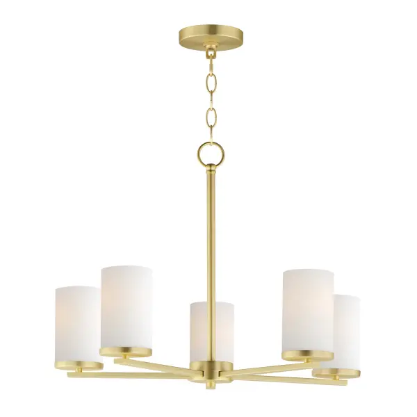 A clean design for the most common applications, the Lateral collection offers chandeliers in both traditional configurations and within a rectangular frame for above dining spaces. Finished in complementary colors including Satin Brass, Satin Nickel or Matte Black, this collection is economically priced with excellent construction. Great for remodeling, this collection's bath vanities feature an extended backplate for cleaner installations. Satin White cylindrical glass sits on a clean rectangular bar. This collection is sure to provide the transitional look to update your next project. Collection: Lateral Finish: Satin Brass Glass: Satin White Width: 24.00" Height: 18.50" Length: 24.00" Weight: 5.94 lb Chain: 36" Wire: 120" Canopy: 4.75"x4.75"x0.75" Number of Bulbs: 5 Maximum Wattage: 60.00 W Bulb Type: E26 Bulb Base: E26 Medium Light Source: Incandescent Dimmable Voltage: 120.00 V Material: Steel, Glass Safety Listing: cETLus Safety Rating: Dry Spec Sheet Instructions
