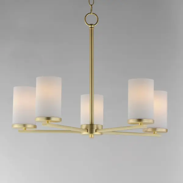 A clean design for the most common applications, the Lateral collection offers chandeliers in both traditional configurations and within a rectangular frame for above dining spaces. Finished in complementary colors including Satin Brass, Satin Nickel or Matte Black, this collection is economically priced with excellent construction. Great for remodeling, this collection's bath vanities feature an extended backplate for cleaner installations. Satin White cylindrical glass sits on a clean rectangular bar. This collection is sure to provide the transitional look to update your next project. Collection: Lateral Finish: Satin Brass Glass: Satin White Width: 24.00" Height: 18.50" Length: 24.00" Weight: 5.94 lb Chain: 36" Wire: 120" Canopy: 4.75"x4.75"x0.75" Number of Bulbs: 5 Maximum Wattage: 60.00 W Bulb Type: E26 Bulb Base: E26 Medium Light Source: Incandescent Dimmable Voltage: 120.00 V Material: Steel, Glass Safety Listing: cETLus Safety Rating: Dry Spec Sheet Instructions - alternate view