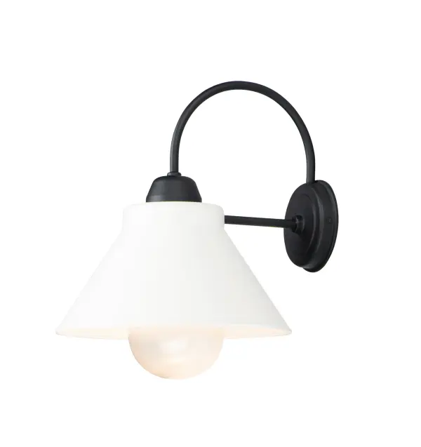 A powder coat aluminum frame support a durable polycarbonate shade in classic RLM styles. This an excellent choice for extreme environments like coastal areas. The combination Black frame and White shade create a dramatic look.