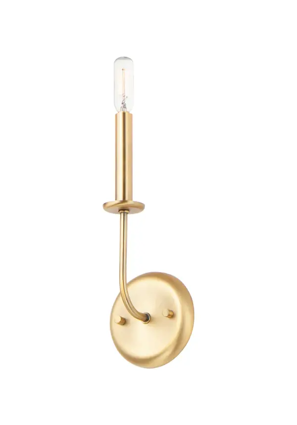 Arms sweep upward from an adjustable collector to create a minimal yet stately design. Available in Black, Satin Brass, and Satin Nickel, this collection provides a transitional look for a variety of settings. Collection: Wesley Finish: Satin Brass Width: 4.75" Height: 12.00" Weight: 0.88 lb Extension from Wall: 4.00" Wire: 8" Canopy: 5"x5" Number of Bulbs: 1 Maximum Wattage: 60.00 W Bulb Type: T6 Bulb Base: E12 Candelabra Light Source: Incandescent Dimmable Voltage: 120.00 V Material: Steel Safety Listing: cULus Safety Rating: Damp ADA Manufacturer Warranty: 1 Spec Sheet Instructions Parts Diagram