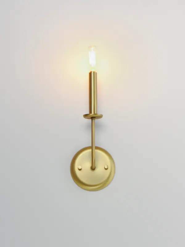Arms sweep upward from an adjustable collector to create a minimal yet stately design. Available in Black, Satin Brass, and Satin Nickel, this collection provides a transitional look for a variety of settings. Collection: Wesley Finish: Satin Brass Width: 4.75" Height: 12.00" Weight: 0.88 lb Extension from Wall: 4.00" Wire: 8" Canopy: 5"x5" Number of Bulbs: 1 Maximum Wattage: 60.00 W Bulb Type: T6 Bulb Base: E12 Candelabra Light Source: Incandescent Dimmable Voltage: 120.00 V Material: Steel Safety Listing: cULus Safety Rating: Damp ADA Manufacturer Warranty: 1 Spec Sheet Instructions Parts Diagram - alternate view