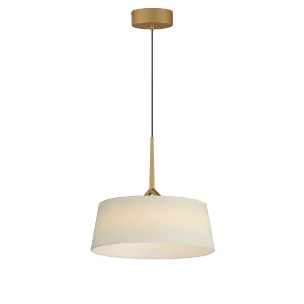 Truncated tapered cones of linen shades diffuse light from an LED ring within them. The LED lighting offers ample illumination that is softly diffused behind the shade. A two-pronged fork detail supports the ring within further modernizing this transitional look. Available in Natural Aged Brass with an Off-White Linen shade or Matte Black with a White Linen shade, these pieces conveniently coordinate with most interiors. Collection: Paramount Finish: Natural Aged Brass Width: 16.00" Height: 11.00" Length: 16.00" Weight: 2.53 lb Wire: 120" Canopy: 4.75"x4.75"x1.5" Bulbs Included Number of Bulbs: 1 Maximum Wattage: 19.50 W Bulb Type: LED Bulb Base: Integrated Light Source: LED Light Output: 970.00 lm Color Temperature: 3000 K CRI: 90 Rated Average Life: 50000 Voltage: 120.00 V Material: Steel, Linen Safety Listing: cETLus Safety Rating: Dry LED Spec Sheet Instructions