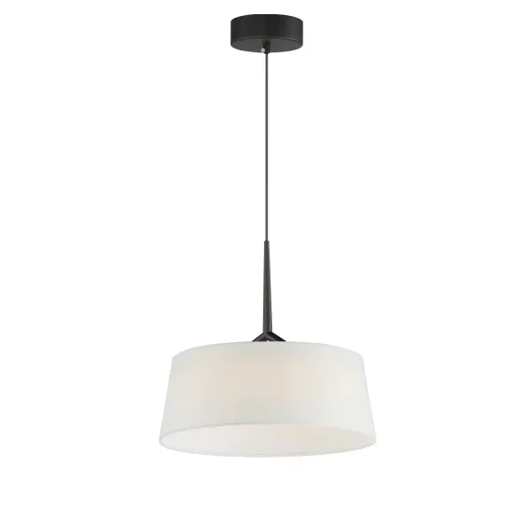 Truncated tapered cones of linen shades diffuse light from an LED ring within them. The LED lighting offers ample illumination that is softly diffused behind the shade. A two-pronged fork detail supports the ring within further modernizing this transitional look. Available in Natural Aged Brass with an Off-White Linen shade or Matte Black with a White Linen shade, these pieces conveniently coordinate with most interiors. Collection: Paramount Finish: Black Width: 16.00" Height: 11.00" Length: 16.00" Weight: 2.53 lb Wire: 120" Canopy: 4.75"x4.75"x1.5" Bulbs Included Number of Bulbs: 1 Maximum Wattage: 19.50 W Bulb Type: LED Bulb Base: Integrated Light Source: LED Light Output: 880.00 lm Color Temperature: 3000 K CRI: 90 Rated Average Life: 50000 Voltage: 120.00 V Material: Steel, Linen Safety Listing: cETLus Safety Rating: Dry LED Spec Sheet Instructions
