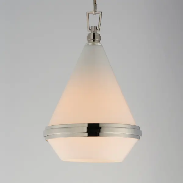 A glossy White glass shade, conical in form, is combined with sharp-lined bands of metal finished in your choice of Polished Nickel or Satin Brass to create a pyramid of softly diffused light. Squared off trapezoidal chain loops connect to squared chain links allowing for over ten feet of adjustment. Though modern with its angular form, this pendant applies traditional metalwork details to create a timeless piece perfect for over a kitchen island or bedside. - alternate view