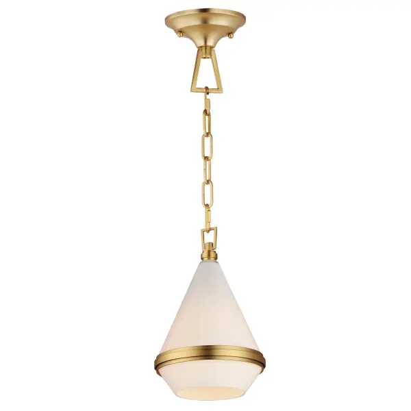A glossy White glass shade, conical in form, is combined with sharp-lined bands of metal finished in your choice of Polished Nickel or Satin Brass to create a pyramid of softly diffused light. Squared off trapezoidal chain loops connect to squared chain links allowing for over ten feet of adjustment. Though modern with its angular form, this pendant applies traditional metalwork details to create a timeless piece perfect for over a kitchen island or bedside. Collection: Giza Finish: Satin Brass Glass: White Width: 7.50" Height: 10.00" Length: 7.50" Weight: 3.04 lb Chain: 36" Wire: 120" Canopy: 5"x5"x2" Number of Bulbs: 1 Maximum Wattage: 60.00 W Bulb Type: C7 Bulb Base: E26 Light Source: Incandescent Dimmable Voltage: 120.00 V Material: Steel + Glass Safety Listing: cETLus Safety Rating: Dry Manufacturer Warranty: 1 Spec Sheet Instructions