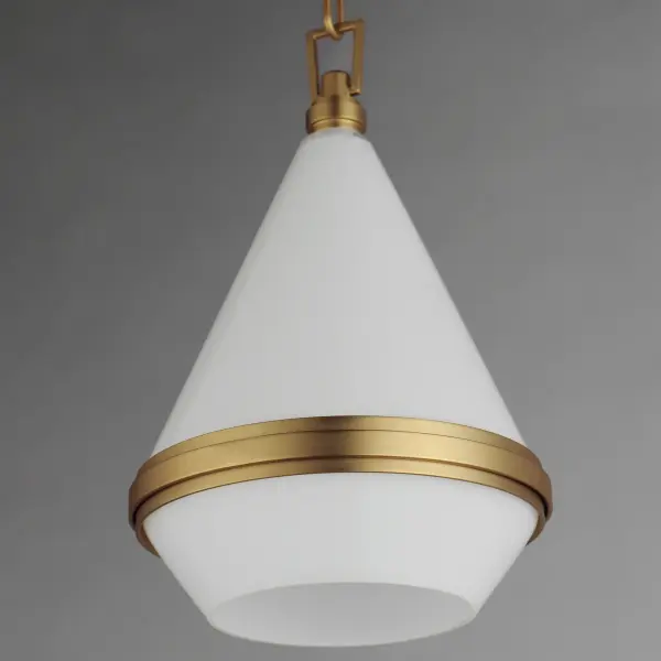 A glossy White glass shade, conical in form, is combined with sharp-lined bands of metal finished in your choice of Polished Nickel or Satin Brass to create a pyramid of softly diffused light. Squared off trapezoidal chain loops connect to squared chain links allowing for over ten feet of adjustment. Though modern with its angular form, this pendant applies traditional metalwork details to create a timeless piece perfect for over a kitchen island or bedside. Collection: Giza Finish: Satin Brass Glass: White Width: 7.50" Height: 10.00" Length: 7.50" Weight: 3.04 lb Chain: 36" Wire: 120" Canopy: 5"x5"x2" Number of Bulbs: 1 Maximum Wattage: 60.00 W Bulb Type: C7 Bulb Base: E26 Light Source: Incandescent Dimmable Voltage: 120.00 V Material: Steel + Glass Safety Listing: cETLus Safety Rating: Dry Manufacturer Warranty: 1 Spec Sheet Instructions - alternate view