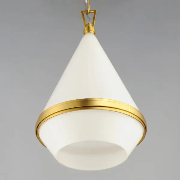 A glossy White glass shade, conical in form, is combined with sharp-lined bands of metal finished in your choice of Polished Nickel or Satin Brass to create a pyramid of softly diffused light. Squared off trapezoidal chain loops connect to squared chain links allowing for over ten feet of adjustment. Though modern with its angular form, this pendant applies traditional metalwork details to create a timeless piece perfect for over a kitchen island or bedside. - alternate view