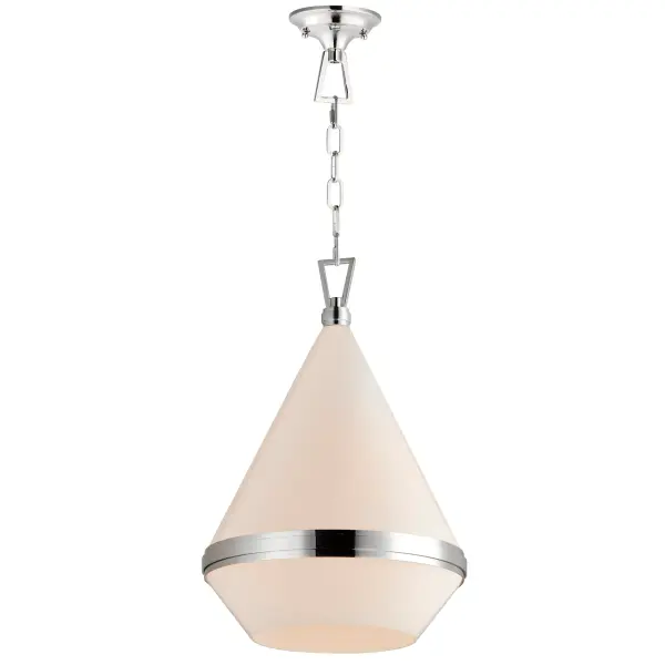 A glossy White glass shade, conical in form, is combined with sharp-lined bands of metal finished in your choice of Polished Nickel or Satin Brass to create a pyramid of softly diffused light. Squared off trapezoidal chain loops connect to squared chain links allowing for over ten feet of adjustment. Though modern with its angular form, this pendant applies traditional metalwork details to create a timeless piece perfect for over a kitchen island or bedside.