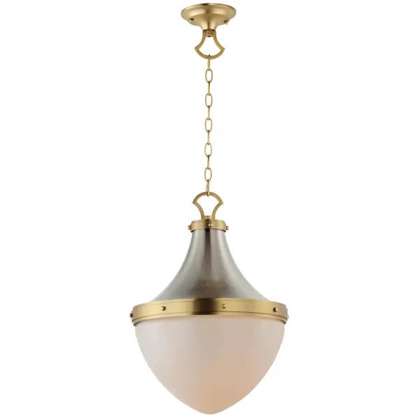 A traditional lantern design uses a two-tone Satin Nickel and Satin Brass metal work create modern coastal flair. The sloping cone in metal supports a rounded Satin White glass diffuser to softly diffuse the light. Choose from two different sizes to use over a kitchen island or as an entry pendant in traditional or transitional settings.
