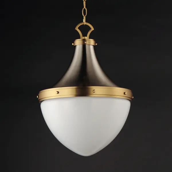 A traditional lantern design uses a two-tone Satin Nickel and Satin Brass metal work create modern coastal flair. The sloping cone in metal supports a rounded Satin White glass diffuser to softly diffuse the light. Choose from two different sizes to use over a kitchen island or as an entry pendant in traditional or transitional settings. - alternate view