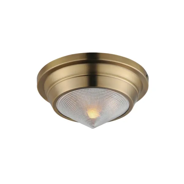 A prismatic diffusion of light is housed within pressed cone glass shades. Choose from pendants with tapered metal halves that conceal the light source or glass shades that are supported by a metal ring. Coordinating bath vanity lights complete the collection. Collection: Hargreaves Finish: Natural Aged Brass Glass: Prairie Rib Frost Width: 10.00" Height: 4.75" Length: 10.00" Weight: 3.75 lb Wire: 8" Canopy: 9.75"x9.75"x2.5" Number of Bulbs: 1 Maximum Wattage: 60.00 W Bulb Type: A19 Bulb Base: E26 Medium Light Source: Incandescent Dimmable Voltage: 120.00 V Material: Steel, Glass Safety Listing: cULus Safety Rating: Damp Manufacturer Warranty: 3 Spec Sheet Instructions