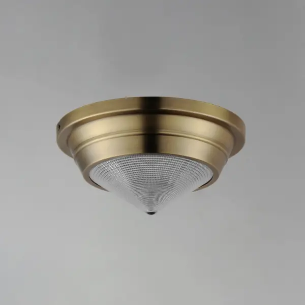 A prismatic diffusion of light is housed within pressed cone glass shades. Choose from pendants with tapered metal halves that conceal the light source or glass shades that are supported by a metal ring. Coordinating bath vanity lights complete the collection. Collection: Hargreaves Finish: Natural Aged Brass Glass: Prairie Rib Frost Width: 10.00" Height: 4.75" Length: 10.00" Weight: 3.75 lb Wire: 8" Canopy: 9.75"x9.75"x2.5" Number of Bulbs: 1 Maximum Wattage: 60.00 W Bulb Type: A19 Bulb Base: E26 Medium Light Source: Incandescent Dimmable Voltage: 120.00 V Material: Steel, Glass Safety Listing: cULus Safety Rating: Damp Manufacturer Warranty: 3 Spec Sheet Instructions - alternate view