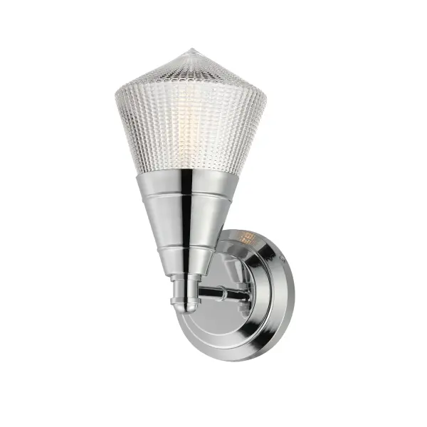 A prismatic diffusion of light is housed within pressed cone glass shades. Choose from pendants with tapered metal halves that conceal the light source or glass shades that are supported by a metal ring. Coordinating bath vanity lights complete the collection. Collection: Hargreaves Finish: Polished Chrome Glass: Prairie Rib Frost Width: 6.00" Height: 12.00" Weight: 3.00 lb Extension from Wall: 7.00" Wire: 8" Canopy: 5"x5" Number of Bulbs: 1 Maximum Wattage: 60.00 W Bulb Type: A19 Bulb Base: E26 Medium Light Source: Incandescent Dimmable Voltage: 120.00 V Material: Steel, Glass Safety Listing: cULus Safety Rating: Damp Manufacturer Warranty: 3 Spec Sheet Instructions