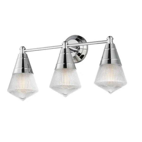 A prismatic diffusion of light is housed within pressed cone glass shades. Choose from pendants with tapered metal halves that conceal the light source or glass shades that are supported by a metal ring. Coordinating bath vanity lights complete the collection. Collection: Hargreaves Finish: Polished Chrome Glass: Prairie Rib Frost Width: 24.00" Height: 12.00" Weight: 7.40 lb Extension from Wall: 7.00" Wire: 8" Canopy: 5"x5" Number of Bulbs: 3 Maximum Wattage: 60.00 W Bulb Type: A19 Bulb Base: E26 Medium Light Source: Incandescent Dimmable Voltage: 120.00 V Material: Steel, Glass Safety Listing: cULus Safety Rating: Damp Manufacturer Warranty: 3 Spec Sheet Instructions