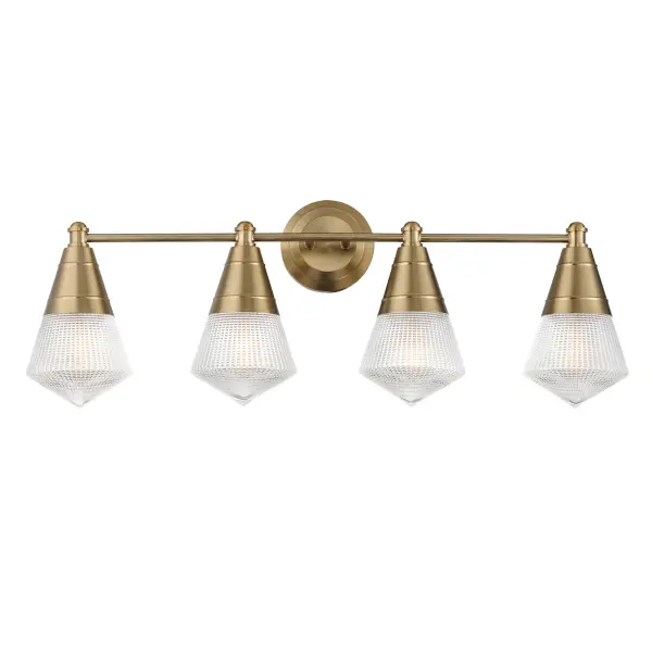 A prismatic diffusion of light is housed within pressed cone glass shades. Choose from pendants with tapered metal halves that conceal the light source or glass shades that are supported by a metal ring. Coordinating bath vanity lights complete the collection. Collection: Hargreaves Finish: Natural Aged Brass Glass: Prairie Rib Frost Width: 33.25" Height: 12.00" Weight: 9.60 lb Extension from Wall: 7.00" Wire: 8" Canopy: 5"x5" Number of Bulbs: 4 Maximum Wattage: 60.00 W Bulb Type: A19 Bulb Base: E26 Medium Light Source: Incandescent Dimmable Voltage: 120.00 V Material: Steel, Glass Safety Listing: cULus Safety Rating: Damp Manufacturer Warranty: 3 Spec Sheet Instructions