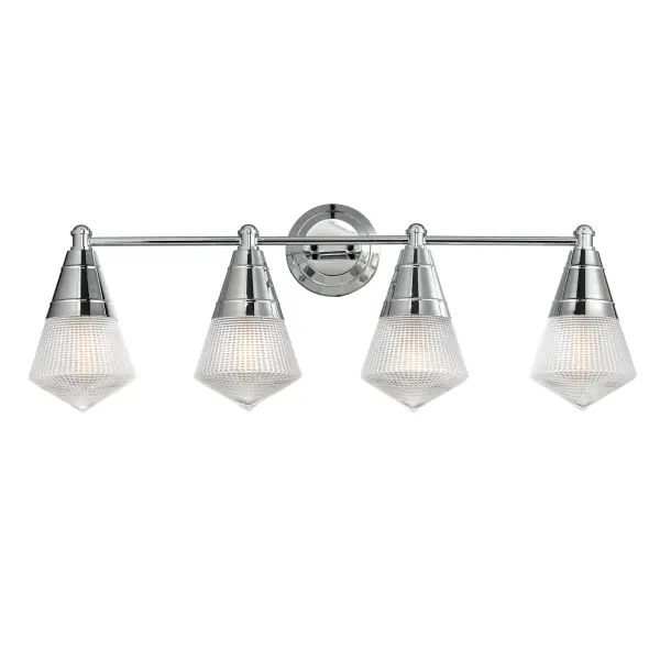 A prismatic diffusion of light is housed within pressed cone glass shades. Choose from pendants with tapered metal halves that conceal the light source or glass shades that are supported by a metal ring. Coordinating bath vanity lights complete the collection. Collection: Hargreaves Finish: Polished Chrome Glass: Prairie Rib Frost Width: 33.25" Height: 12.00" Weight: 9.60 lb Extension from Wall: 7.00" Wire: 8" Canopy: 5"x5" Number of Bulbs: 4 Maximum Wattage: 60.00 W Bulb Type: A19 Bulb Base: E26 Medium Light Source: Incandescent Dimmable Voltage: 120.00 V Material: Steel, Glass Safety Listing: cULus Safety Rating: Damp Manufacturer Warranty: 3 Spec Sheet Instructions
