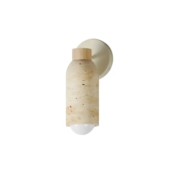 A tribute of natural materials, this collection features carved stone shades in your choice of Travertine or volcanic Lava Rock, paired with coordinating lathed wood bases. The Travertine composition showcases White Oak wood and Ecru white metal accents, while the blackened Lava Rock is beautifully complemented by Walnut wood and a Matte Black finish. Available in versatile pendant and wall sconce configurations, each piece highlights the organic beauty and timeless sophistication of its materials. Collection: Pompeii Finish: Travertine / Oyster Width: 5.00" Height: 12.25" Weight: 4.50 lb Extension from Wall: 6.50" Wire: 8" Canopy: 5"x5" Number of Bulbs: 1 Maximum Wattage: 60.00 W Bulb Type: G25 Bulb Base: E26 Medium Light Source: Incandescent Dimmable Voltage: 120.00 V Material: Steel, Wood, Stone Safety Listing: cETLus Safety Rating: Damp Spec Sheet Instructions