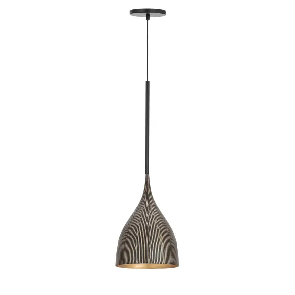 Graceful and sculptural, Fleur's gently flared silhouette brings a sense of quiet sophistication to any space. Hand-spun metal shades are adorned with a striated finish, scraped by hand to reveal glowing Gold undertones beneath layers of Matte Black or White. A matching Gold interior warms the light within, while a coordinating fabric cord suspends them for convenient height adjustments. Offered in multiple pendant sizes and a flush mount, Fleur offers tailored elegance to interior spaces such as entries and over a kitchen island. Collection: Fleur Finish: Black / Gold Width: 8.25" Height: 12.75" Length: 8.25" Weight: 2.75 lb Wire: 120" Canopy: 5"x5"x0.5" Number of Bulbs: 1 Maximum Wattage: 60.00 W Bulb Type: E26 Bulb Base: E26 Medium Light Source: Incandescent Voltage: 120.00 V Material: Steel Safety Listing: cULus Safety Rating: Dry Spec Sheet