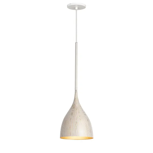 Graceful and sculptural, Fleur's gently flared silhouette brings a sense of quiet sophistication to any space. Hand-spun metal shades are adorned with a striated finish, scraped by hand to reveal glowing Gold undertones beneath layers of Matte Black or White. A matching Gold interior warms the light within, while a coordinating fabric cord suspends them for convenient height adjustments. Offered in multiple pendant sizes and a flush mount, Fleur offers tailored elegance to interior spaces such as entries and over a kitchen island. Collection: Fleur Finish: White/Gold Width: 8.25" Height: 12.75" Length: 8.25" Weight: 2.75 lb Wire: 120" Canopy: 5"x5"x0.5" Number of Bulbs: 1 Maximum Wattage: 60.00 W Bulb Type: E26 Bulb Base: E26 Medium Light Source: Incandescent Voltage: 120.00 V Material: Steel Safety Listing: cULus Safety Rating: Dry Spec Sheet