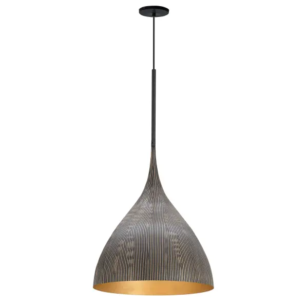 Graceful and sculptural, Fleur's gently flared silhouette brings a sense of quiet sophistication to any space. Hand-spun metal shades are adorned with a striated finish, scraped by hand to reveal glowing Gold undertones beneath layers of Matte Black or White. A matching Gold interior warms the light within, while a coordinating fabric cord suspends them for convenient height adjustments. Offered in multiple pendant sizes and a flush mount, Fleur offers tailored elegance to interior spaces such as entries and over a kitchen island. Collection: Fleur Finish: Black / Gold Width: 16.50" Height: 21.00" Length: 16.25" Weight: 4.73 lb Wire: 120" Canopy: 5"x5"x0.5" Number of Bulbs: 1 Maximum Wattage: 100.00 W Bulb Type: E26 Bulb Base: E26 Medium Light Source: Incandescent Voltage: 120.00 V Material: Steel Safety Listing: cULus Safety Rating: Dry Spec Sheet