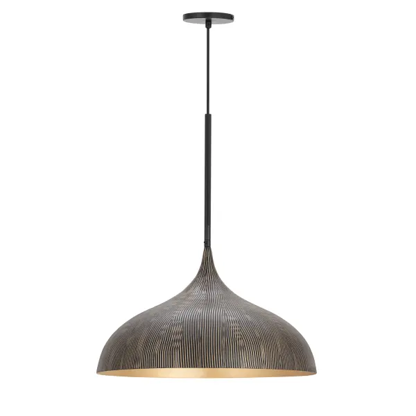 Graceful and sculptural, Fleur's gently flared silhouette brings a sense of quiet sophistication to any space. Hand-spun metal shades are adorned with a striated finish, scraped by hand to reveal glowing Gold undertones beneath layers of Matte Black or White. A matching Gold interior warms the light within, while a coordinating fabric cord suspends them for convenient height adjustments. Offered in multiple pendant sizes and a flush mount, Fleur offers tailored elegance to interior spaces such as entries and over a kitchen island. Collection: Fleur Finish: Black / Gold Width: 20.00" Height: 13.00" Length: 20.00" Weight: 6.82 lb Wire: 120" Canopy: 5"x5"x0.5" Number of Bulbs: 1 Maximum Wattage: 100.00 W Bulb Type: E26 Bulb Base: E26 Medium Light Source: Incandescent Voltage: 120.00 V Material: Steel Safety Listing: cULus Safety Rating: Dry Spec Sheet