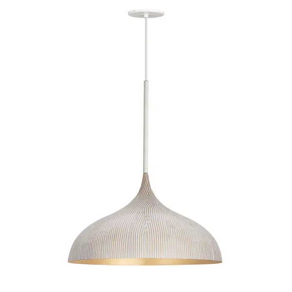Graceful and sculptural, Fleur's gently flared silhouette brings a sense of quiet sophistication to any space. Hand-spun metal shades are adorned with a striated finish, scraped by hand to reveal glowing Gold undertones beneath layers of Matte Black or White. A matching Gold interior warms the light within, while a coordinating fabric cord suspends them for convenient height adjustments. Offered in multiple pendant sizes and a flush mount, Fleur offers tailored elegance to interior spaces such as entries and over a kitchen island. Collection: Fleur Finish: White/Gold Width: 20.00" Height: 13.00" Length: 20.00" Weight: 6.82 lb Wire: 120" Canopy: 5"x5"x0.5" Number of Bulbs: 1 Maximum Wattage: 100.00 W Bulb Type: E26 Bulb Base: E26 Medium Light Source: Incandescent Voltage: 120.00 V Material: Steel Safety Listing: cULus Safety Rating: Dry Spec Sheet