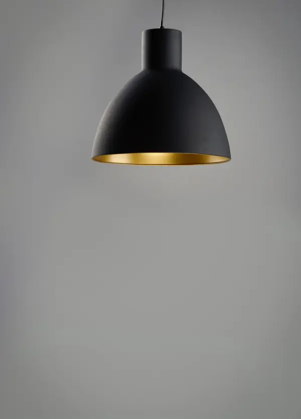 Spun metal shades in various sizes are perfect for budget installations. Available in Black with gold interior and Satin Nickle with white interior, these pendants are very stylish. - alternate view