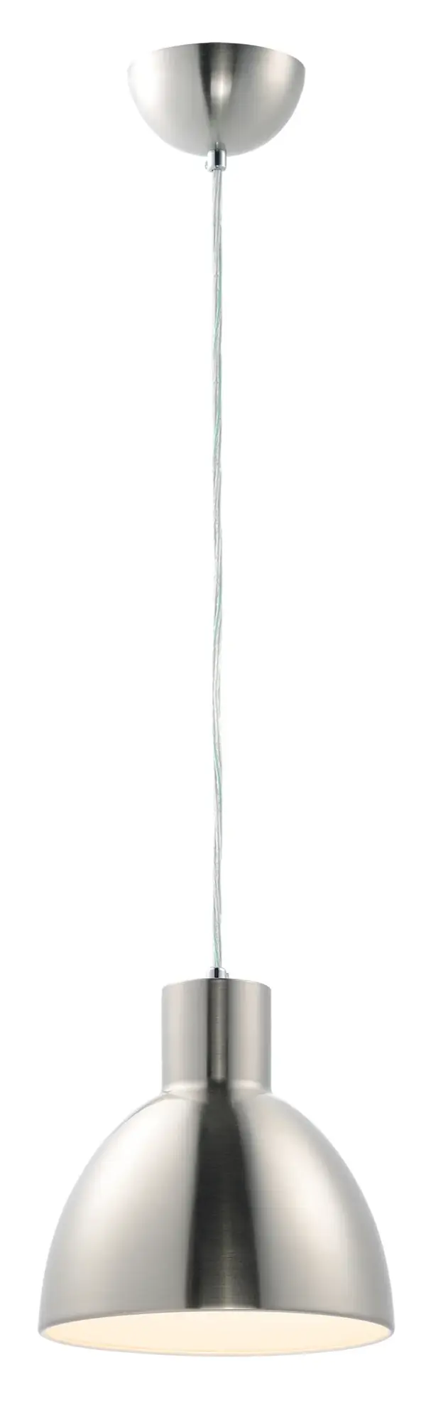 Spun metal shades in various sizes are perfect for budget installations. Available in Black with gold interior and Satin Nickle with white interior, these pendants are very stylish. Collection: Cora Finish: Satin Nickel Notes: Chandelier Width: 8.75" Height: 8.75" Length: 8.75" Weight: 2.16 lb Wire: 120" Canopy: 4.75"x4.75"x2.25" Number of Bulbs: 1 Maximum Wattage: 60.00 W Bulb Type: A19 Bulb Base: E26 Medium Light Source: Incandescent Dimmable Voltage: 120.00 V Material: Steel Safety Listing: cETLus Safety Rating: Dry Manufacturer Warranty: 1 Spec Sheet Instructions Parts Diagram