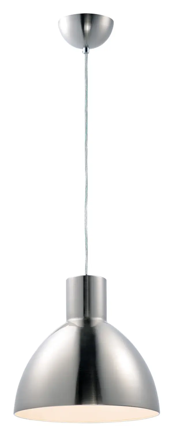 Spun metal shades in various sizes are perfect for budget installations. Available in Black with gold interior and Satin Nickle with white interior, these pendants are very stylish. Collection: Cora Finish: Satin Nickel Notes: Chandelier Width: 13.75" Height: 13.75" Length: 13.75" Weight: 3.61 lb Wire: 120" Canopy: 4.75"x4.75"x2.25" Number of Bulbs: 1 Maximum Wattage: 60.00 W Bulb Type: A19 Bulb Base: E26 Medium Light Source: Incandescent Dimmable Voltage: 120.00 V Material: Steel Safety Listing: cETLus Safety Rating: Dry Manufacturer Warranty: 1 Spec Sheet Instructions Parts Diagram