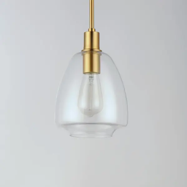Pendants of Clear glass in unique elongated and undulating shapes with various sizes. This series pairs well with popular finishes in hardware and plumbing, giving you the flexibility to take chances with designer statement pieces. The metalwork is available in your choice of Matte Black, Satin Brass, or Satin Nickel. A coordinating wall sconce pairs well with the collection. Use filament bulbs to complete the look. Collection: Babylon Finish: Satin Brass Glass: Clear Width: 7.25" Height: 10.50" Length: 7.25" Weight: 3.00 lb Wire: 120" Canopy: 5"x5"x0.86" Number of Bulbs: 1 Maximum Wattage: 60.00 W Bulb Type: ST64 or T9 Bulb Base: E26 Medium Light Source: Incandescent Dimmable Voltage: 120.00 V Material: Steel+Glass Safety Listing: cETLus Safety Rating: Damp Manufacturer Warranty: 3 Spec Sheet Instructions - alternate view