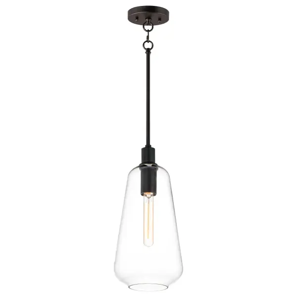 Pendants of Clear glass in unique elongated and undulating shapes with various sizes. This series pairs well with popular finishes in hardware and plumbing, giving you the flexibility to take chances with designer statement pieces. The metalwork is available in your choice of Matte Black, Satin Brass, or Satin Nickel. A coordinating wall sconce pairs well with the collection. Use filament bulbs to complete the look.
