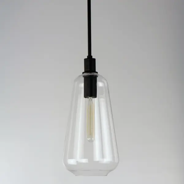 Pendants of Clear glass in unique elongated and undulating shapes with various sizes. This series pairs well with popular finishes in hardware and plumbing, giving you the flexibility to take chances with designer statement pieces. The metalwork is available in your choice of Matte Black, Satin Brass, or Satin Nickel. A coordinating wall sconce pairs well with the collection. Use filament bulbs to complete the look. - alternate view