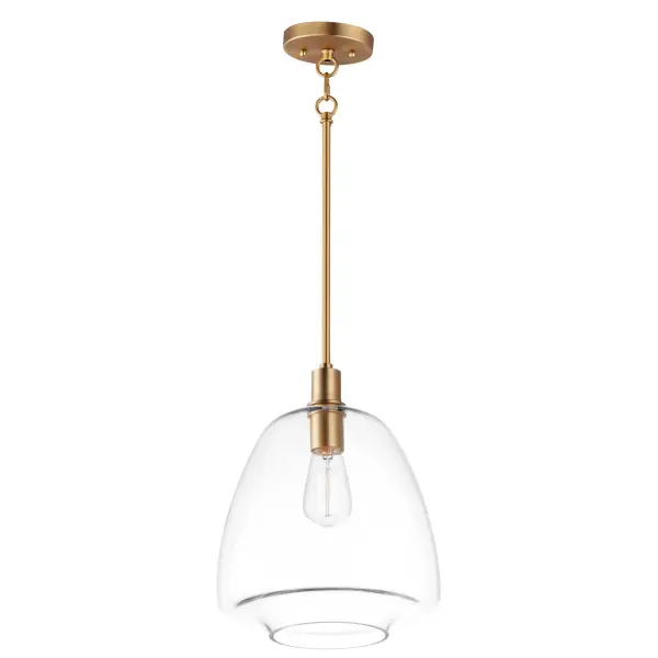 Pendants of Clear glass in unique elongated and undulating shapes with various sizes. This series pairs well with popular finishes in hardware and plumbing, giving you the flexibility to take chances with designer statement pieces. The metalwork is available in your choice of Matte Black, Satin Brass, or Satin Nickel. A coordinating wall sconce pairs well with the collection. Use filament bulbs to complete the look. Collection: Babylon Finish: Satin Brass Glass: Clear Width: 11.50" Height: 14.25" Length: 11.50" Weight: 4.63 lb Wire: 120" Canopy: 5"x5"x0.86" Number of Bulbs: 1 Maximum Wattage: 60.00 W Bulb Type: T10 Bulb Base: E26 Medium Light Source: Incandescent Dimmable Voltage: 120.00 V Material: Steel+Glass Safety Listing: cETLus Safety Rating: Damp Manufacturer Warranty: 3 Spec Sheet Instructions