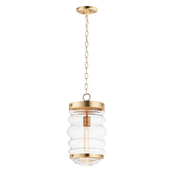An oversized oscillating, cylinder of Clear Seedy glass adds to a variety of coastal inspired pendants. Three knurled edge set screws support a massive glass with a ribbed bottom. Pair the clear glass shades with tubular filament lamps to complete the look.