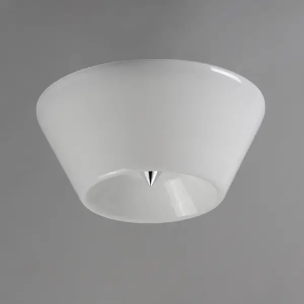 Accentuating the cone shape, this LED surface mounted fixture features a tapered glass shade and is supported by a conical finial in complementary finishes. Available in Polished Chrome, Matte Black, or Natural Aged Brass this simple design adds flair to a simple application. Collection: Tack Finish: Polished Chrome Glass: White Width: 10.00" Height: 4.25" Length: 10.00" Weight: 2.30 lb Wire: 8" Canopy: 9"x9"x3" Bulbs Included Number of Bulbs: 1 Maximum Wattage: 15.00 W Bulb Type: LED Bulb Base: Integrated Light Source: LED Light Output: 900.00 lm Color Temperature: 3000 K CRI: 90 Rated Average Life: 50000 Voltage: 120.00 V Material: Steel, Glass Safety Rating: Damp Title 24 LED Manufacturer Warranty: 3 Spec Sheet Instructions - alternate view