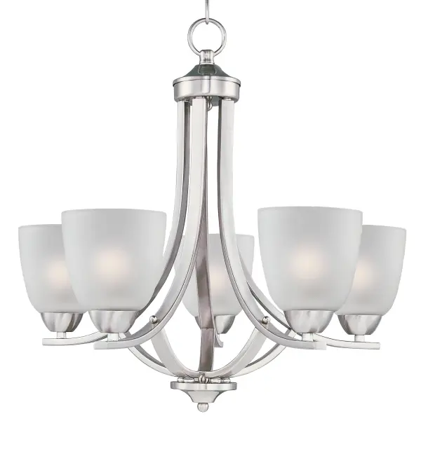 This transitional design works in any style home. Full length oval backplates support simple bell-shaped, Frosted glass shades. Available in Satin Nickel, Matte Black, and Polished Chrome. Collection: Axis Finish: Satin Nickel Glass: Frosted Width: 24.00" Height: 20.50" Length: 24.00" Weight: 12.10 lb Chain: 36" Wire: 120" Canopy: 5"x5"x1" Number of Bulbs: 5 Maximum Wattage: 60.00 W Bulb Type: A19 Bulb Base: E26 Medium Light Source: Incandescent Dimmable Voltage: 120.00 V Material: Steel, Glass Safety Listing: cULus Safety Rating: Dry Manufacturer Warranty: 1 Spec Sheet Instructions Parts Diagram