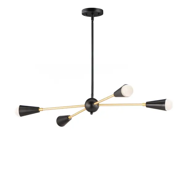 A classic mid-century look, the Lovell collection features two sizes of sputnik chandeliers and streamlined sconces perfect for bath vanity applications. Available in a Black/Satin Brass finish combination. Light bulbs nest inside the metal cones to become an element of the design.