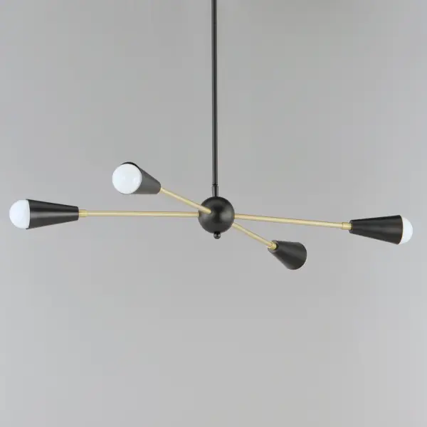 A classic mid-century look, the Lovell collection features two sizes of sputnik chandeliers and streamlined sconces perfect for bath vanity applications. Available in a Black/Satin Brass finish combination. Light bulbs nest inside the metal cones to become an element of the design. - alternate view